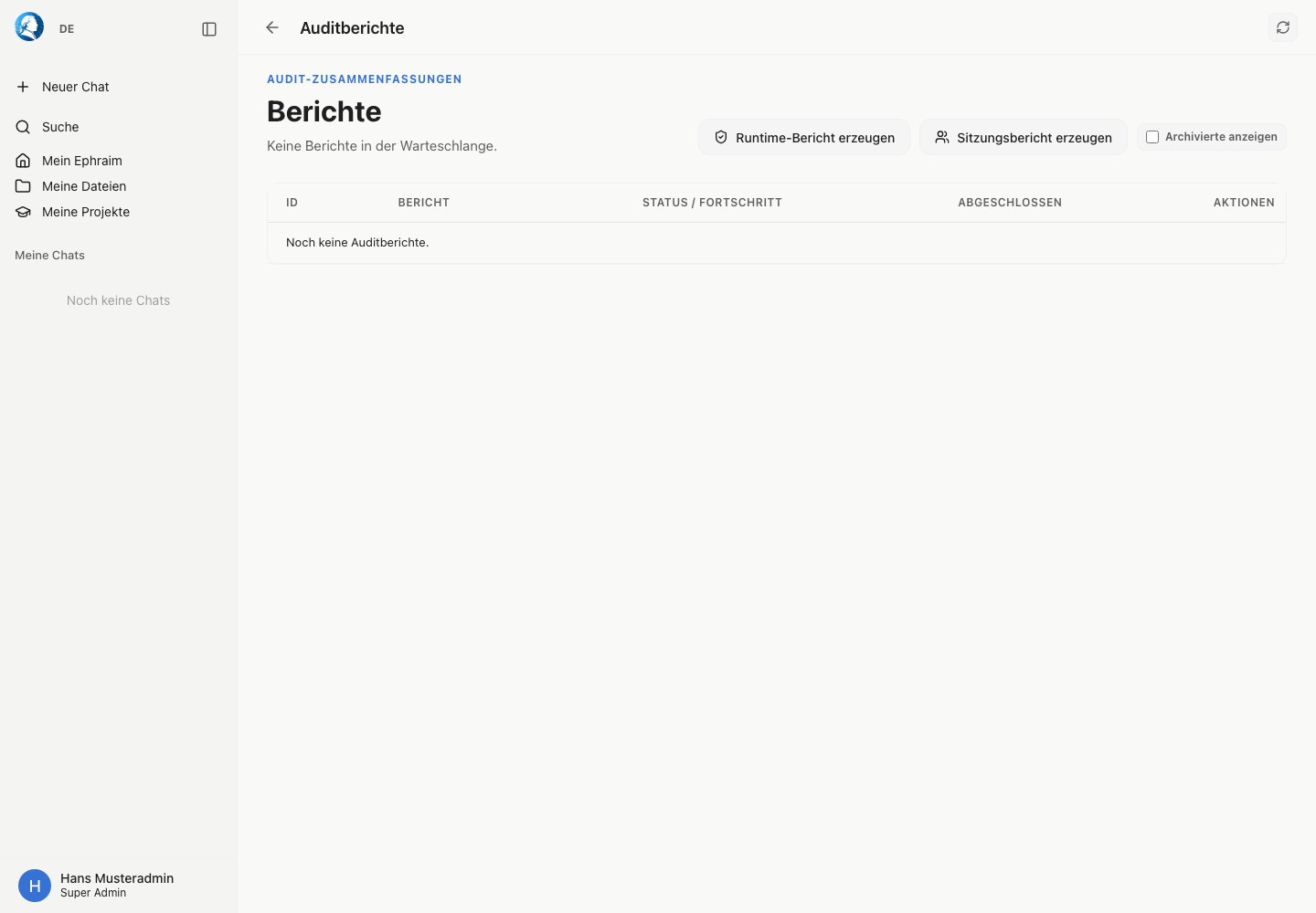 Auditberichte-Adminseite mit Berichtsliste und Berichtserstellung