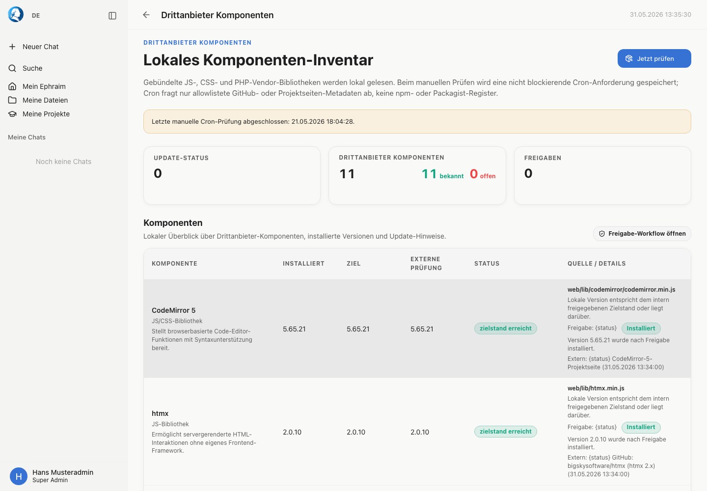 Adminseite Drittanbieter-Komponenten mit lokaler Komponentenliste
