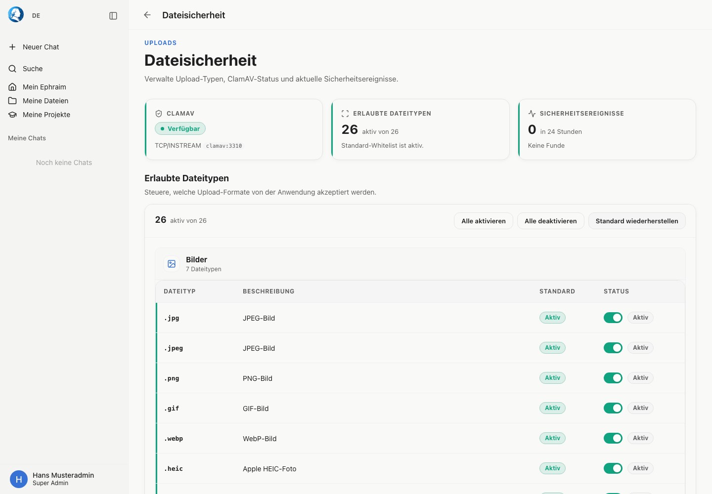 Adminseite Datei-Sicherheit mit erlaubten Dateitypen und Sicherheitsstatus