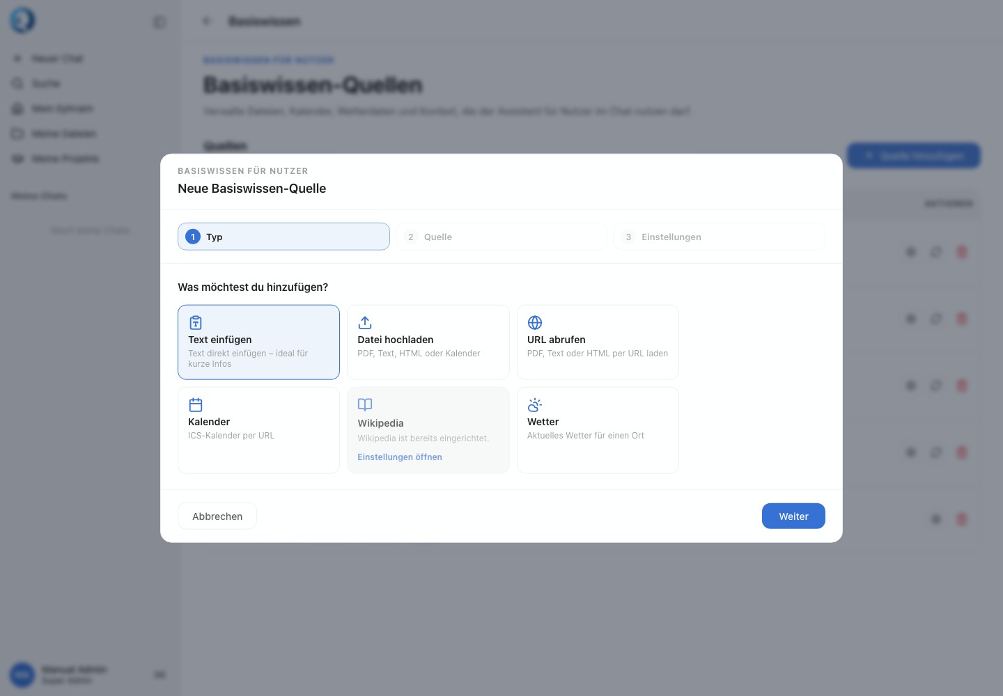 Basiswissen-Assistent mit Quellentypen Text, Datei, URL, Kalender, Wikipedia und Wetter