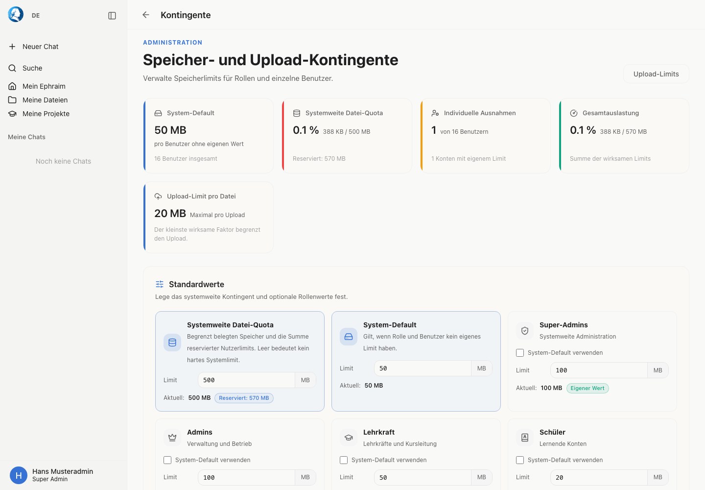 Speicherquoten-Adminseite mit System-, Rollen- und Benutzerlimits