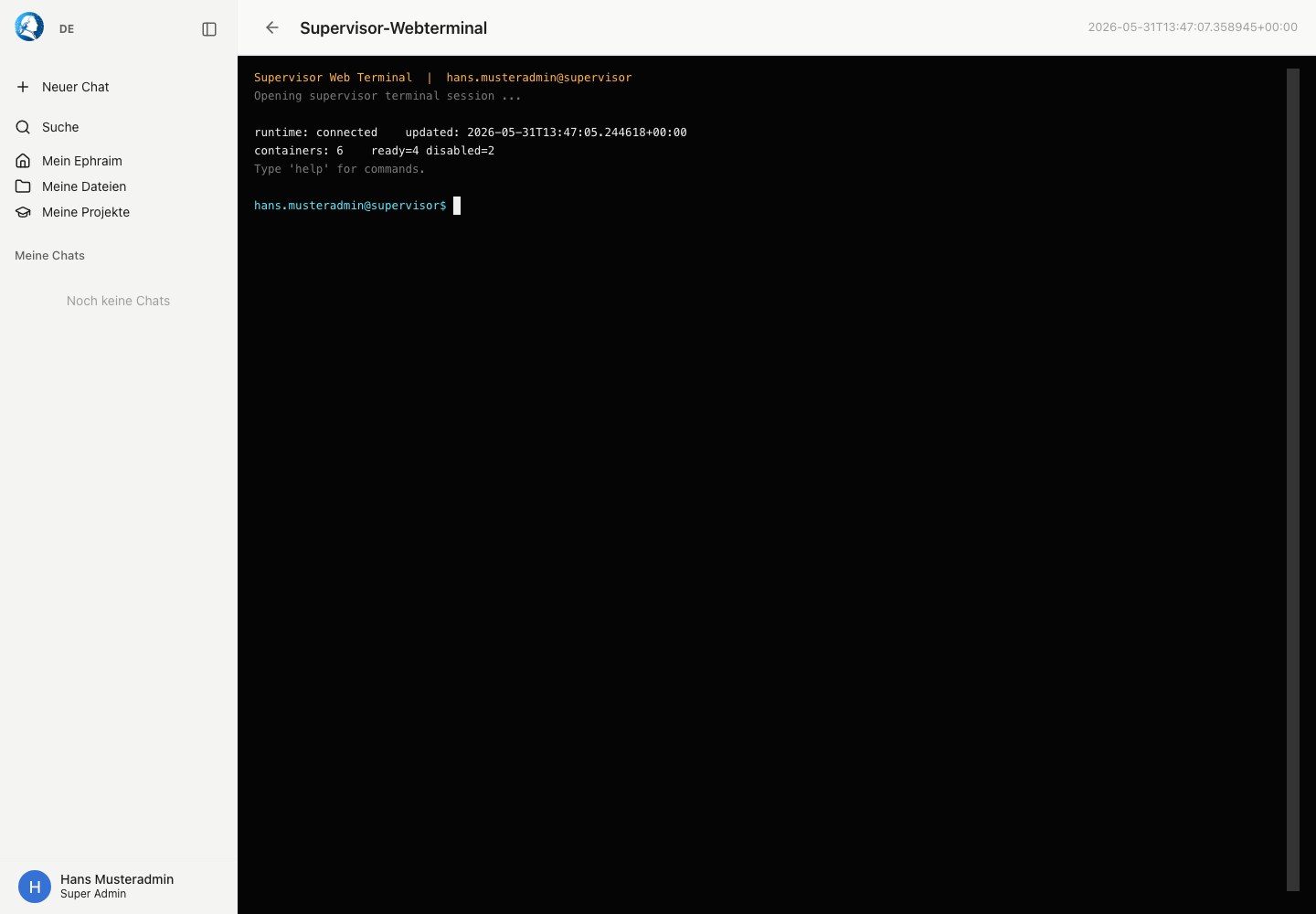 Supervisor-Webterminal mit Runtime-Status und Logbereich