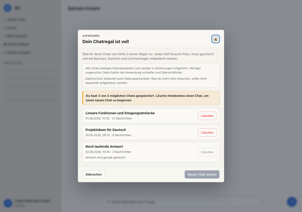 Aufräumfenster bei erreichtem Chatlimit mit erklärendem Hinweis und löschbaren Chats