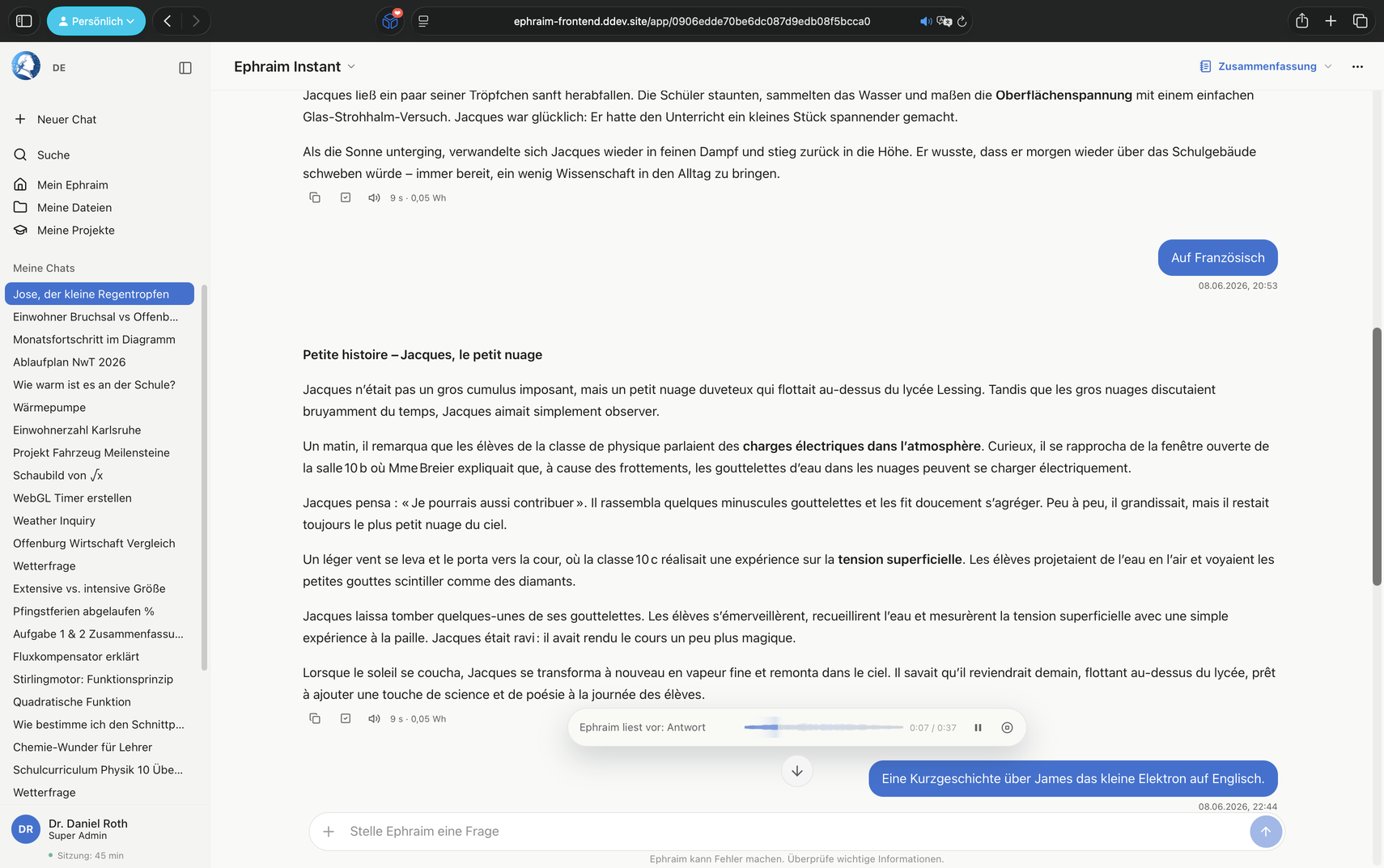 Chat mit französischem Text und laufender Sprachausgabe im schwebenden Player