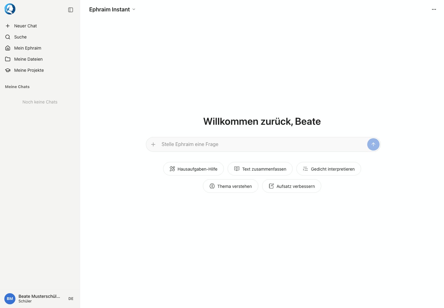 Startansicht des Ephraim-Chats mit Modellwahl, Seitenleiste, Startvorschlägen und Eingabefeld