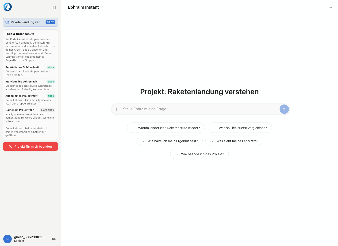 Aktiver Projektchat eines Projektcode-Gasts mit Gaststatus und Fazit- und Datenschutzanzeige in der Seitenleiste
