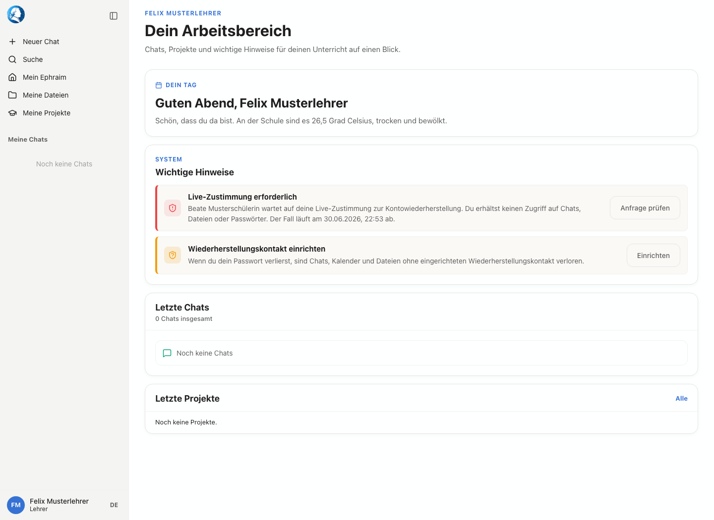 Mein Ephraim mit wichtigen Hinweisen zu Live-Zustimmung und Einrichtung eines Wiederherstellungskontakts