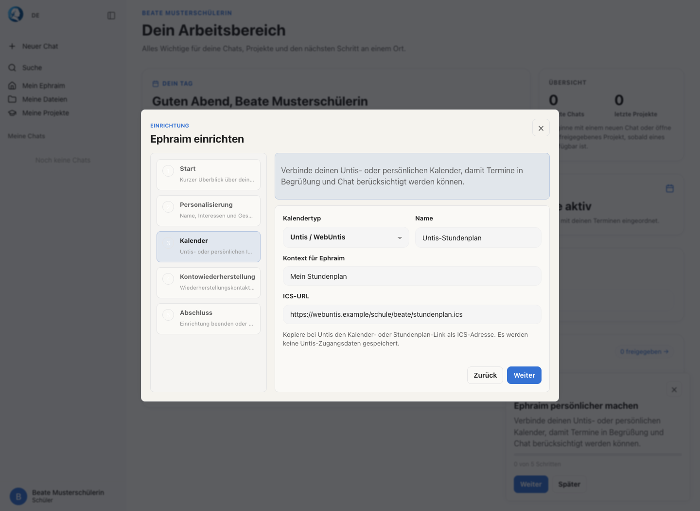 Onboarding-Schritt Kalender mit Kalendertyp, Namen, Kontext und ICS-URL