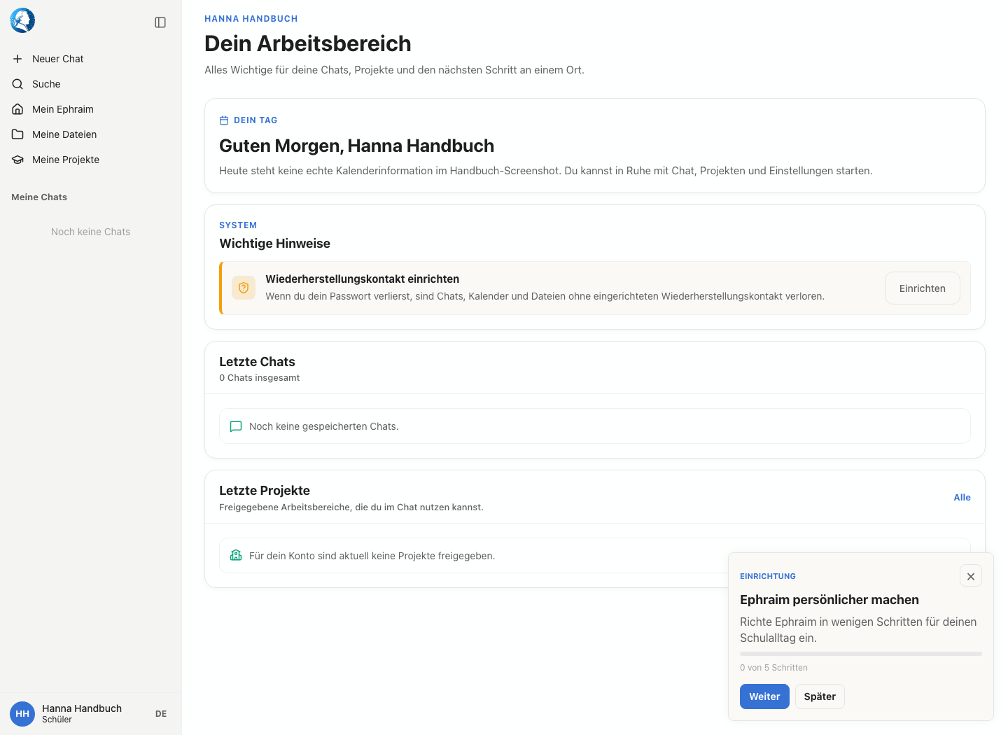 Onboarding-Karte auf Mein Ephraim mit Loslegen, Später und Fortschrittsbalken