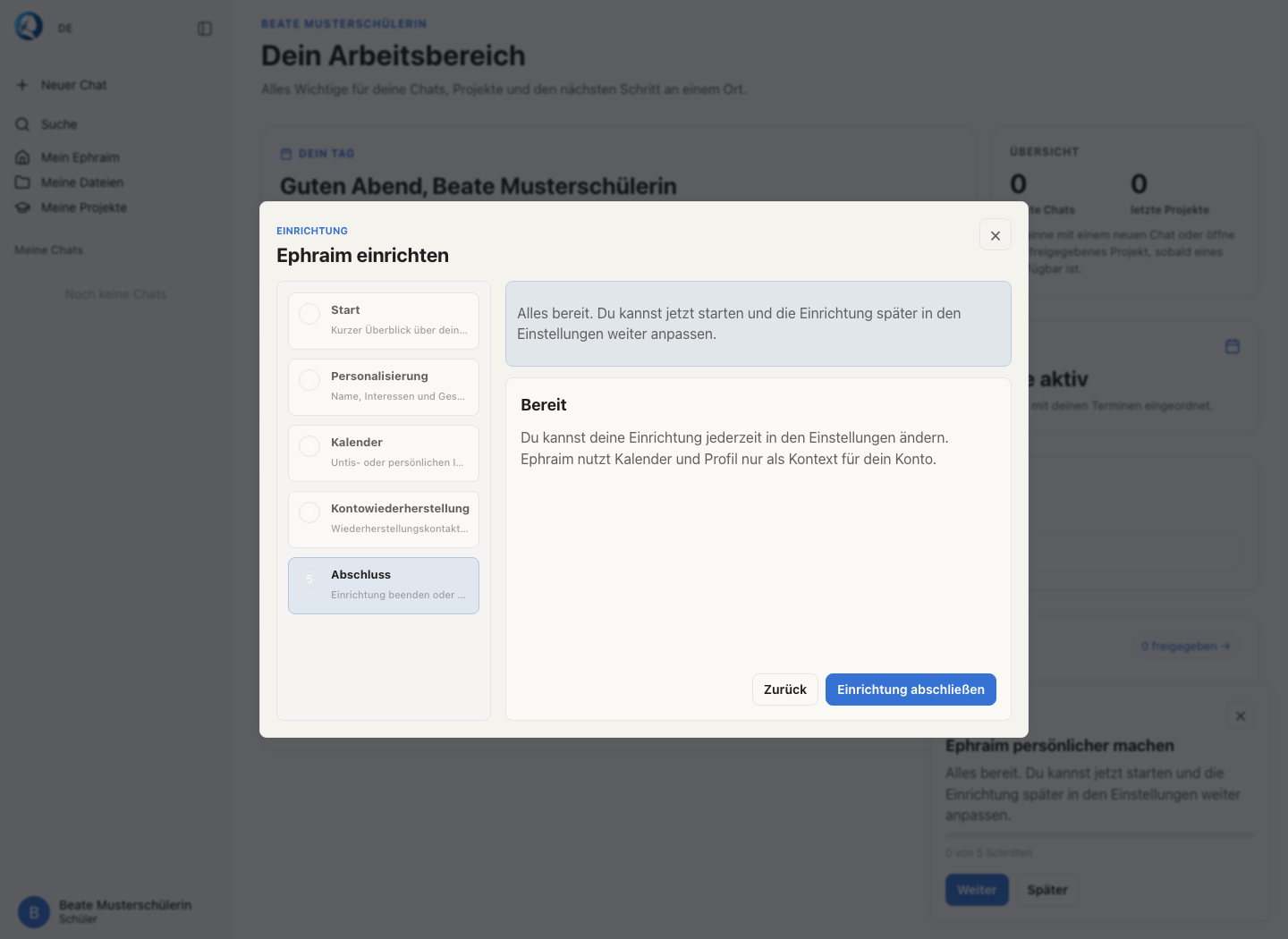 Onboarding-Abschluss mit Hinweis auf spätere Änderungen in den Einstellungen