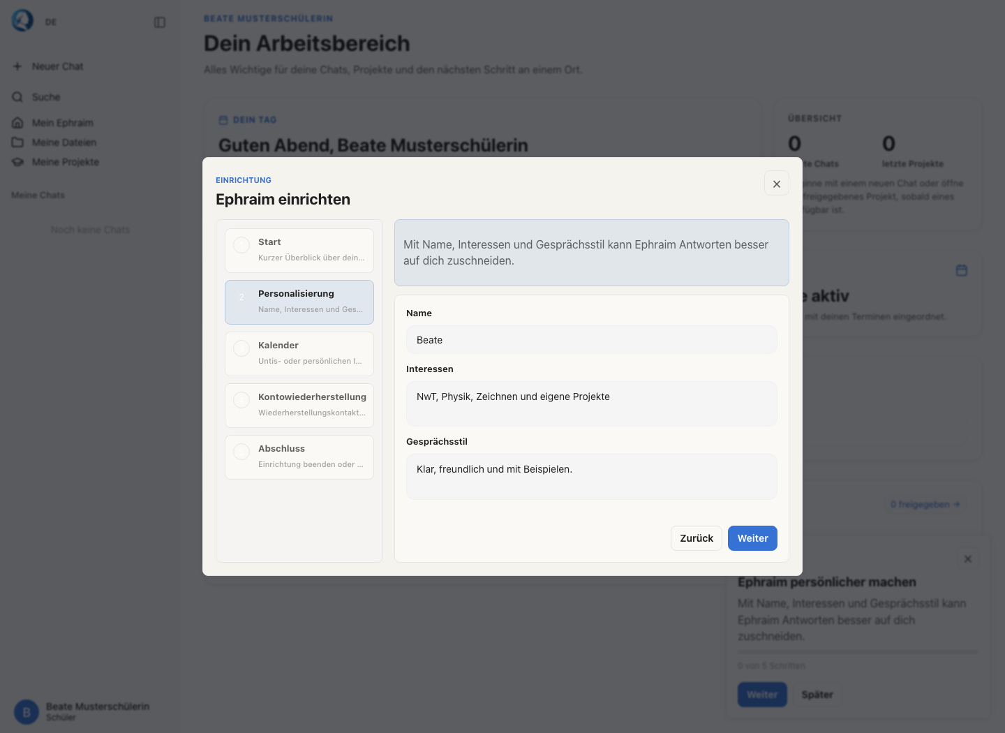 Onboarding-Schritt Personalisierung mit Name, Interessen und Gesprächsstil