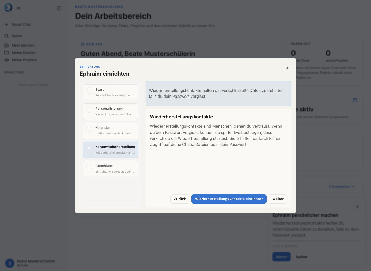 Onboarding-Schritt Kontowiederherstellung mit Link zu Wiederherstellungskontakten