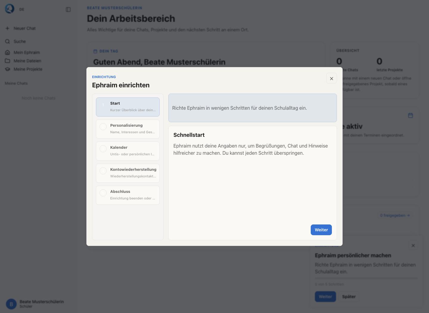 Onboarding-Dialog mit Startschritt und Schrittliste