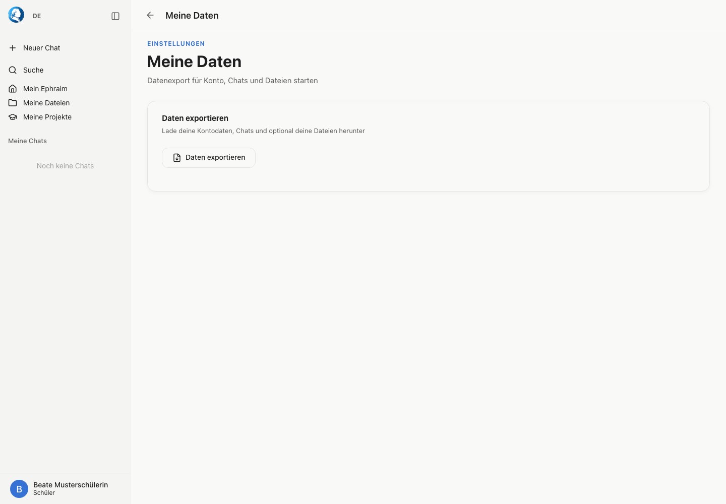 Einstellungsseite Meine Daten mit Datenexport-Schaltfläche