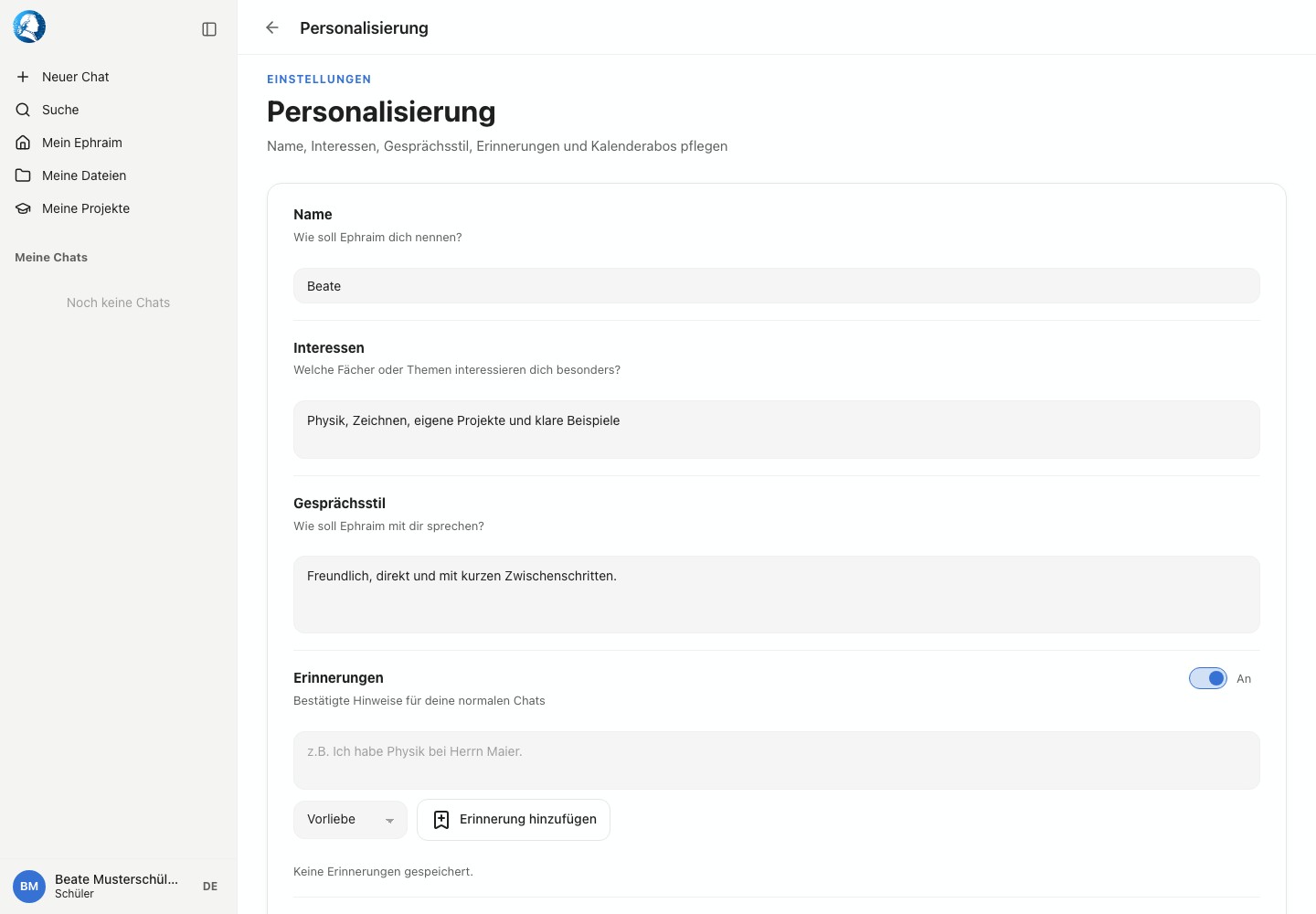 Personalisierungseinstellungen mit Name, Interessen, Gesprächsstil, Erinnerungen und Kalenderabos