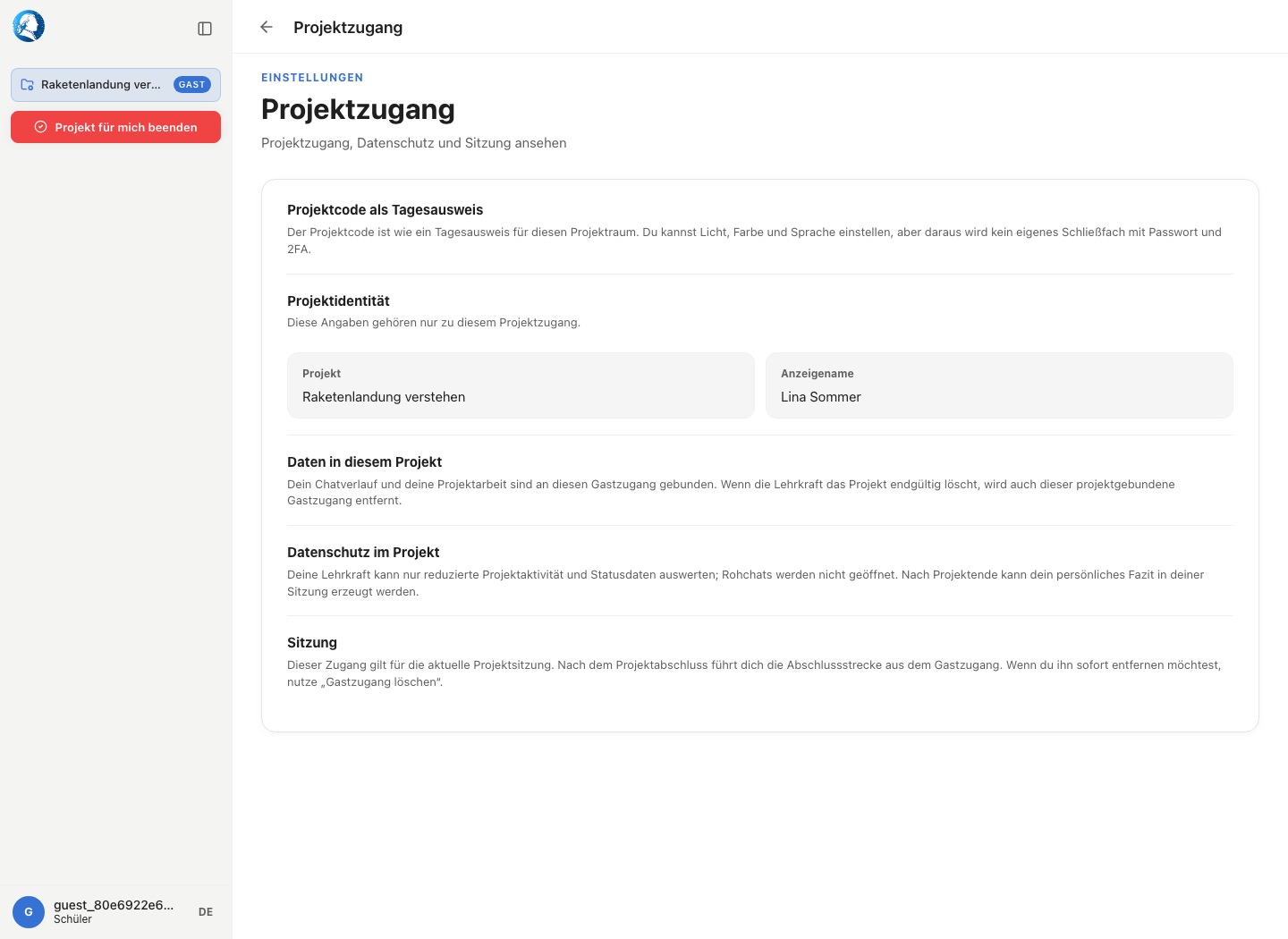 Projektzugangseinstellungen eines Projektcode-Gasts mit Projektidentität, Datenschutz und Sitzungshinweis