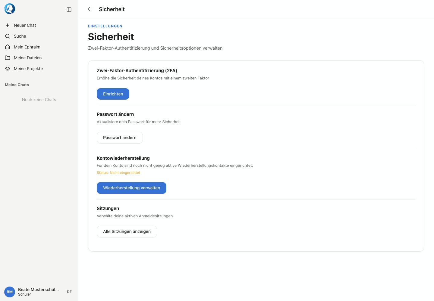 Sicherheitseinstellungen mit Zwei-Faktor-Authentifizierung, Passwortwechsel, Kontowiederherstellung und Sitzungen