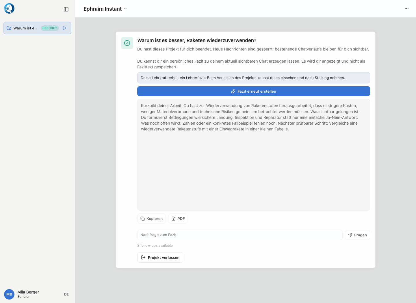Schüleransicht nach erzeugtem persönlichem Schülerfazit mit Kopieren, PDF und Nachfragefeld
