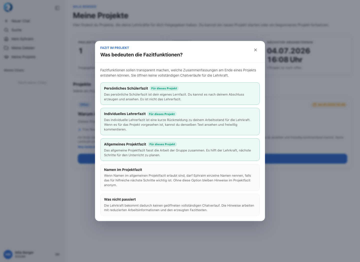 Schülerdialog Was bedeuten die Fazitfunktionen mit aktiven Fazitarten und Grenze Was nicht passiert