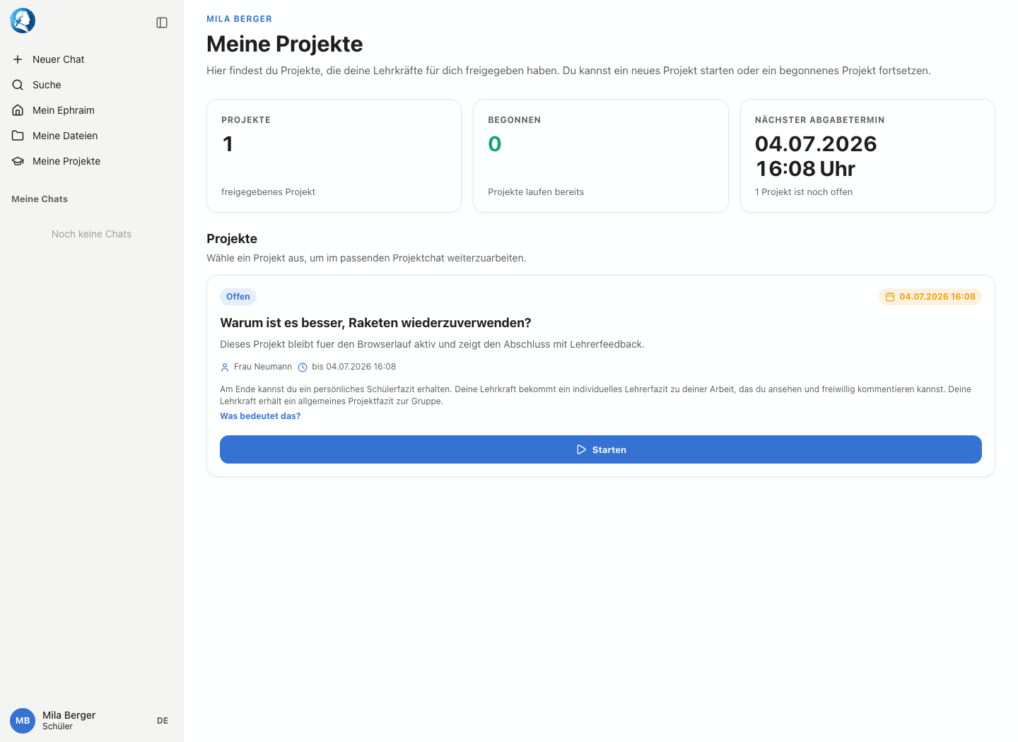 Schüleransicht Meine Projekte mit freigegebenem Raketenprojekt, Fazithinweis und Startschaltfläche