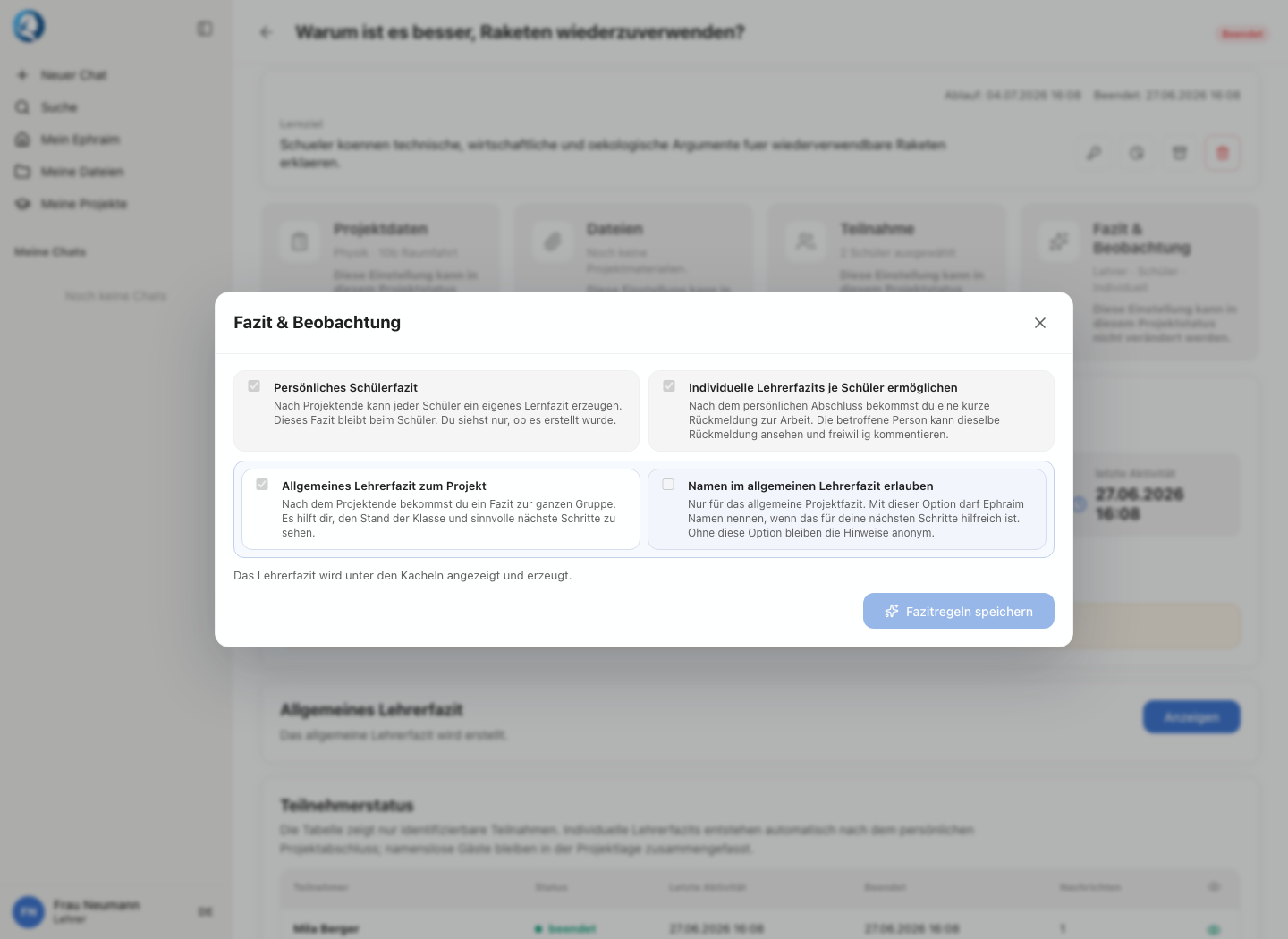 Einstellungsdialog Fazit und Beobachtung mit persönlichem Schülerfazit, individuellen Lehrerfazits und allgemeinem Lehrerfazit