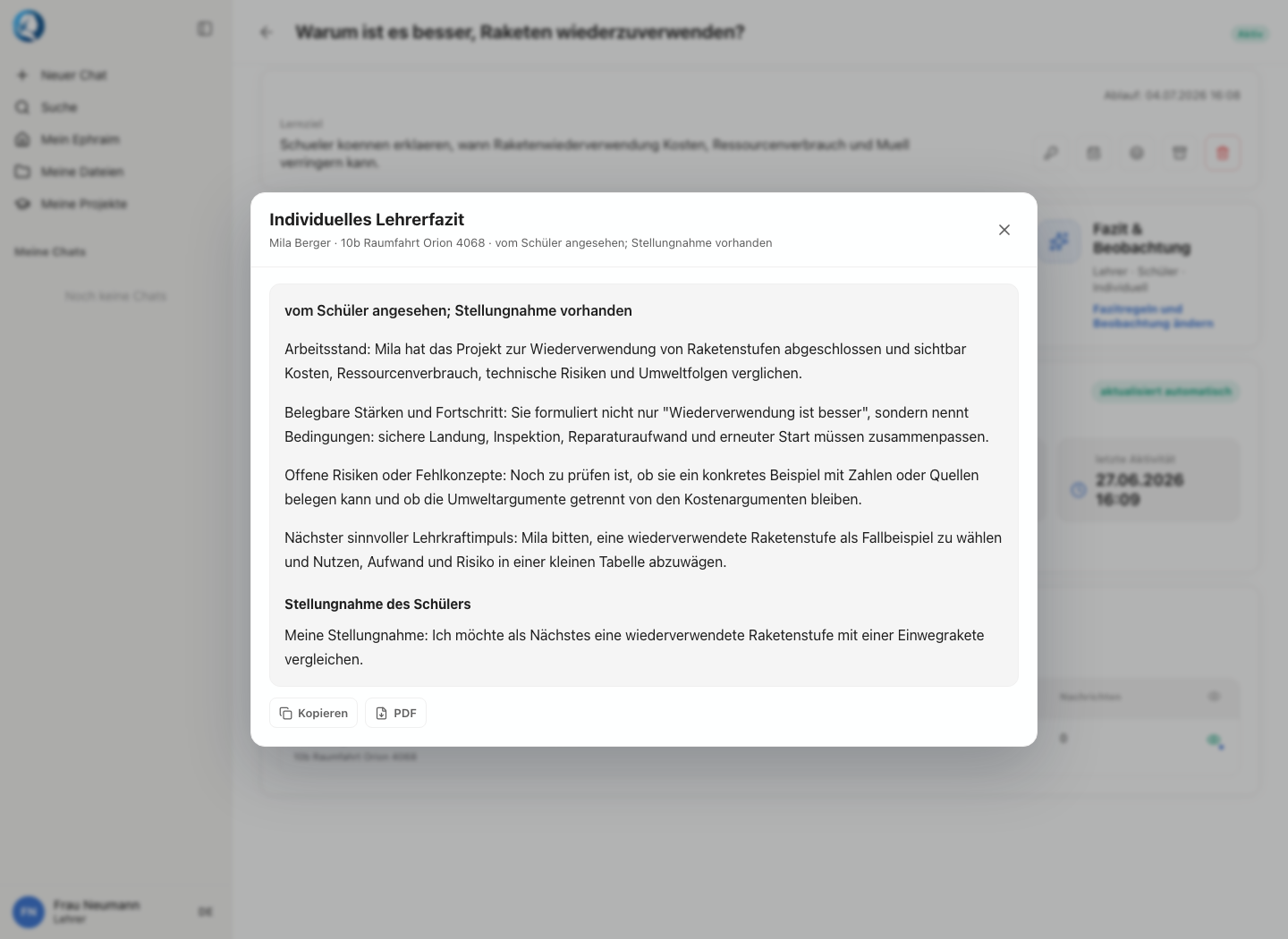 Lehrkraftansicht eines individuellen Lehrerfazits mit Sichtstatus und Schülerstellungnahme