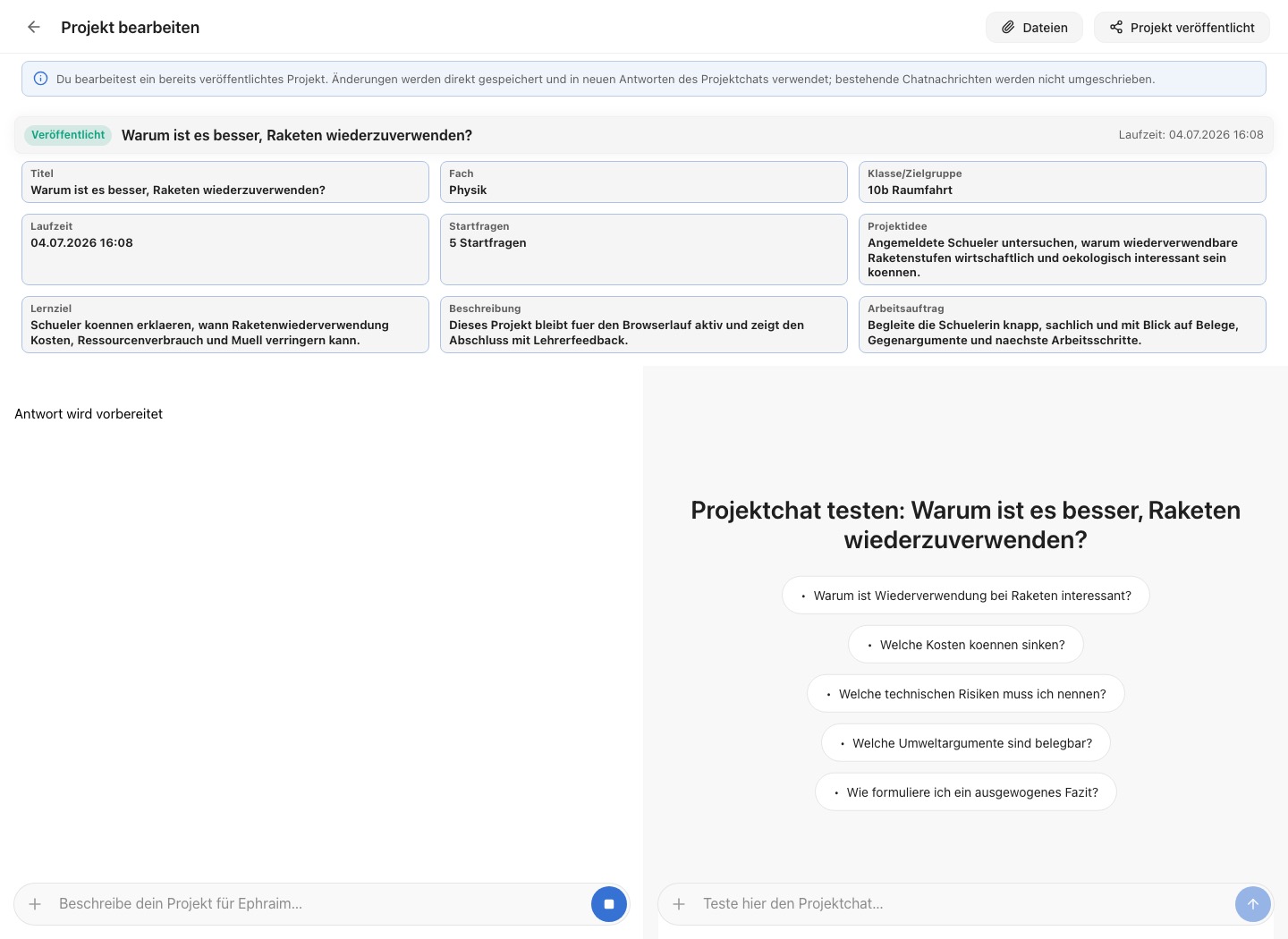 Projektbuilder mit Projektentwurf, Materialien und Testchat