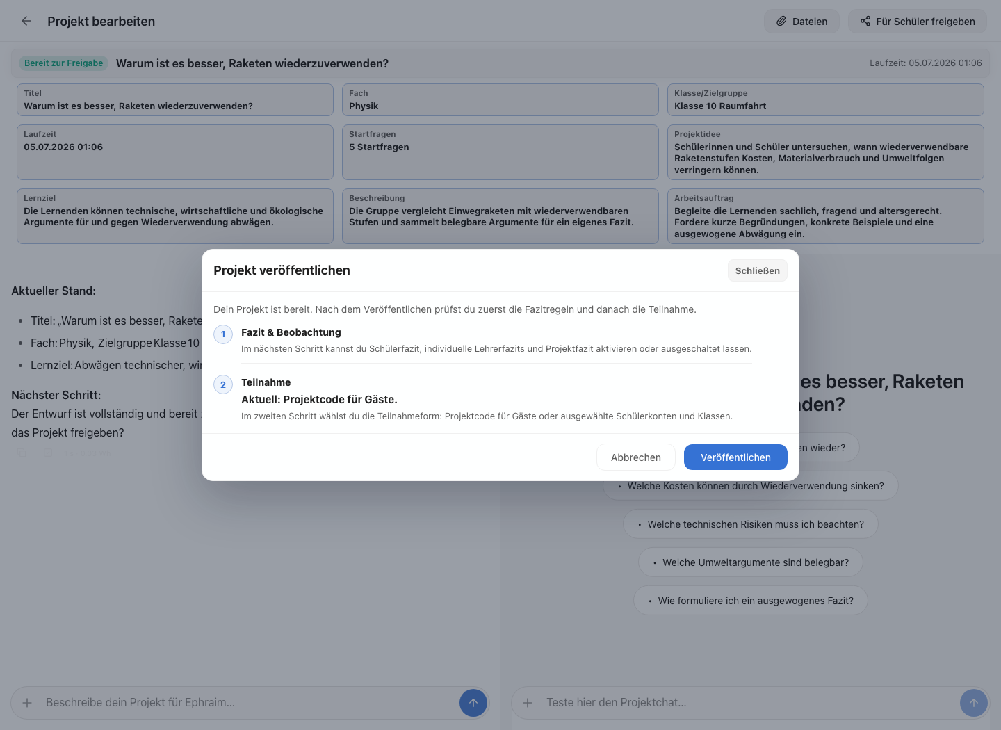 Projektbuilder mit geöffnetem Dialog Projekt veröffentlichen und den Schritten Fazit und Beobachtung sowie Teilnahme