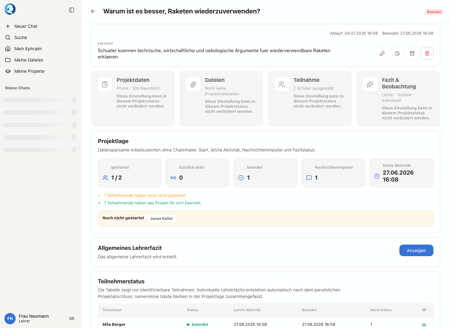 Projekt-Detailseite einer Lehrkraft mit Projektlage, Lehrerfazit und Teilnehmerstatus