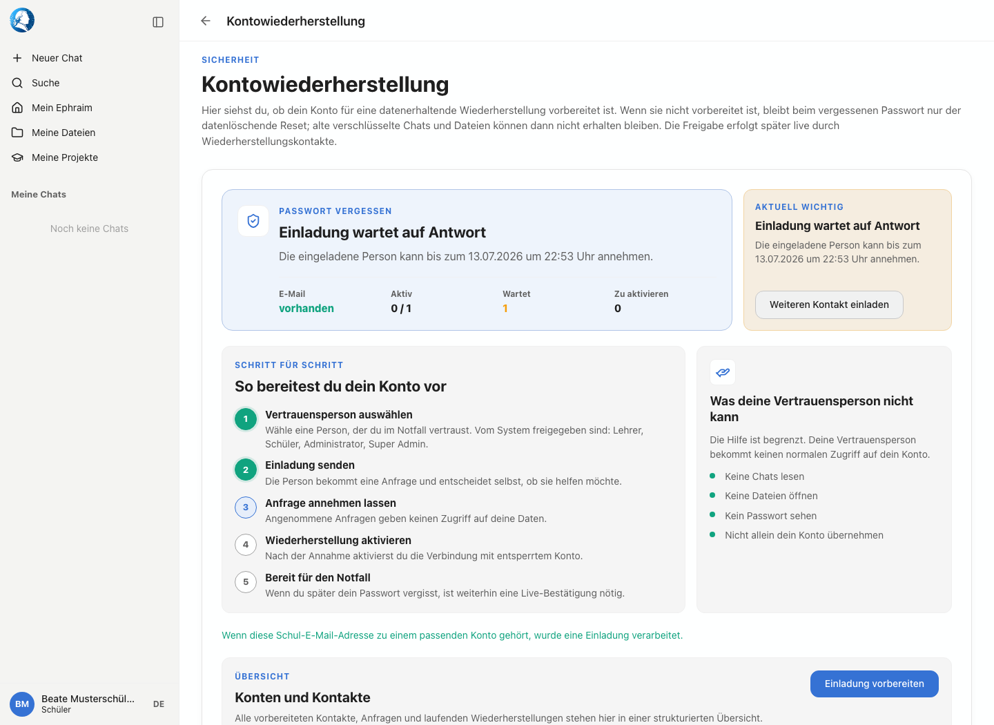 Einladung eines Wiederherstellungskontakts über eine Schul-E-Mail-Adresse