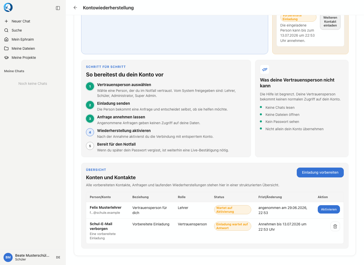 Kontowiederherstellung mit angenommener Anfrage, die noch aktiviert werden muss