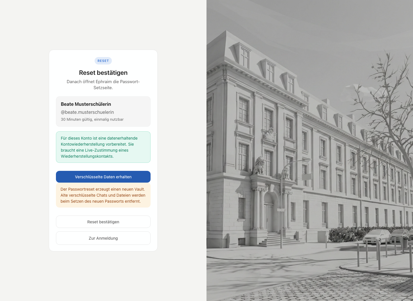 Reset-Bestätigung mit Option Verschlüsselte Daten erhalten und Hinweis auf datenlöschenden Reset